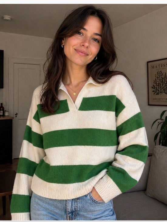 Tahari Sweaters - Tahari White and Green Striped Collared Rugby Sweater